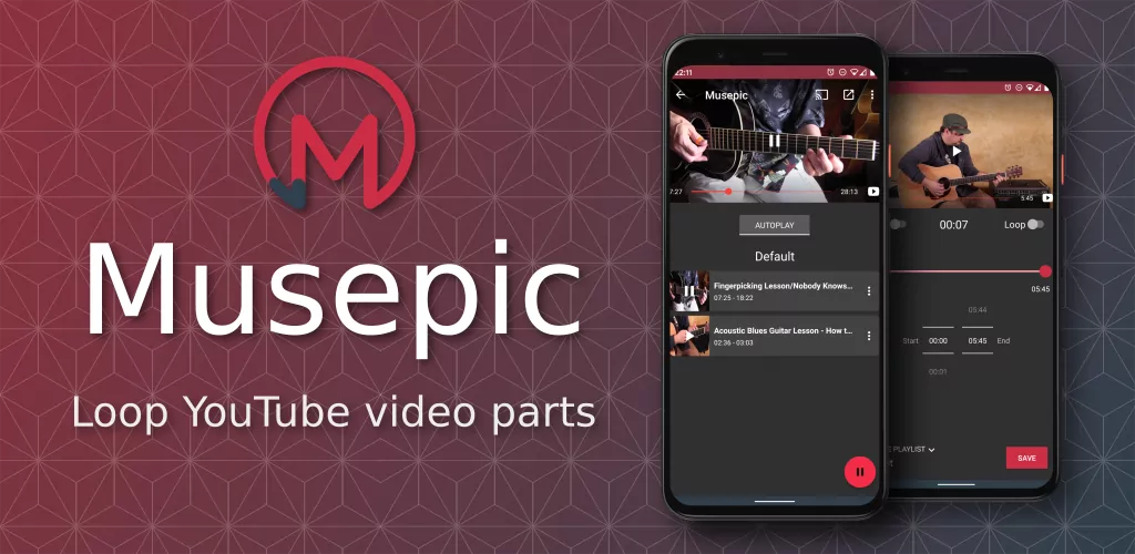 Musepic app running on a smartphone showing the YouTube video looping interface