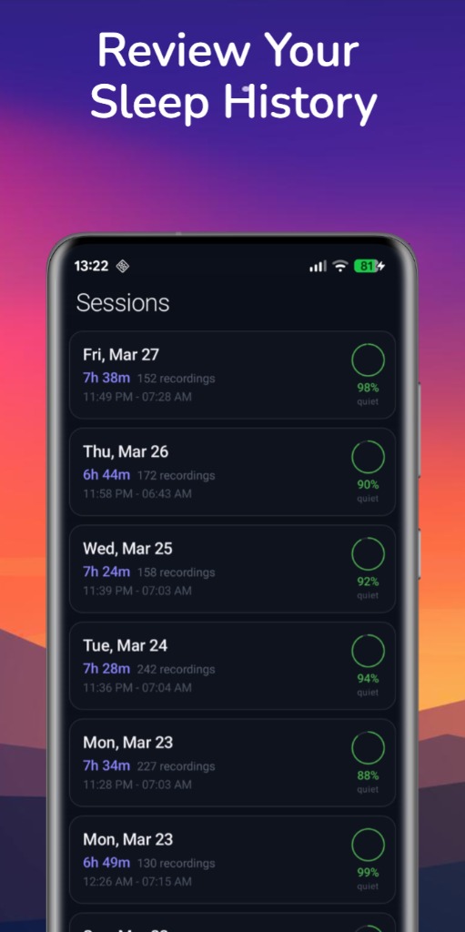 SnoreCheck app running on a smartphone showing the night breathing analysis and sleep apnea detection